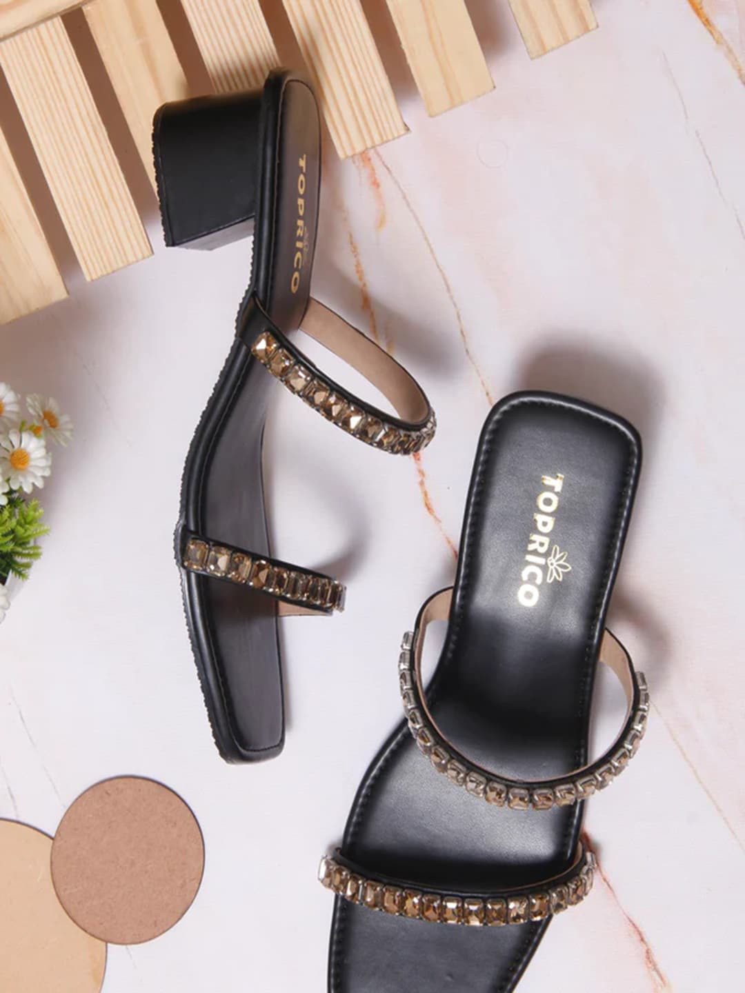 

TOPRICO Embellished Two Strap Party Block Heels, Black