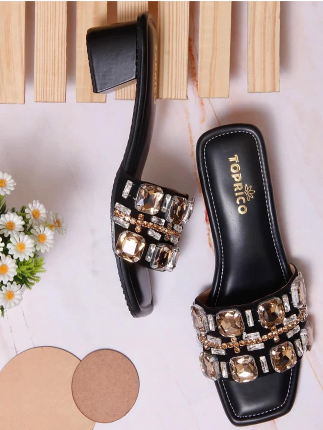

TOPRICO Embellished Party Block Heels, Black