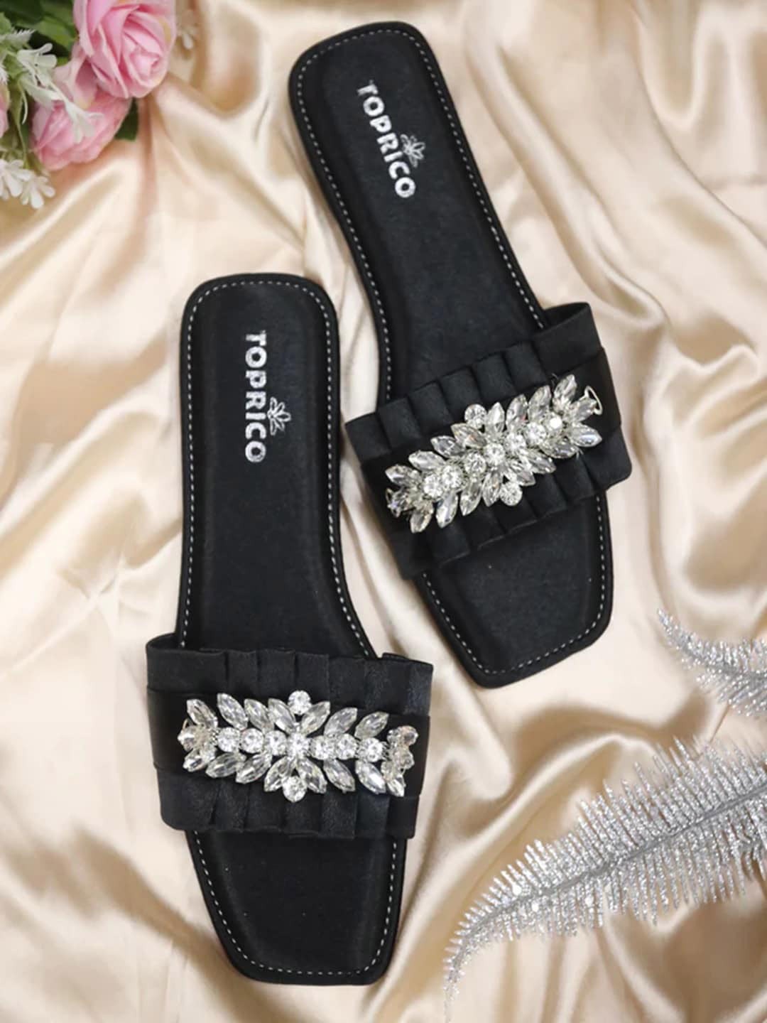 

TOPRICO Embellished Open Toe Flats, Black