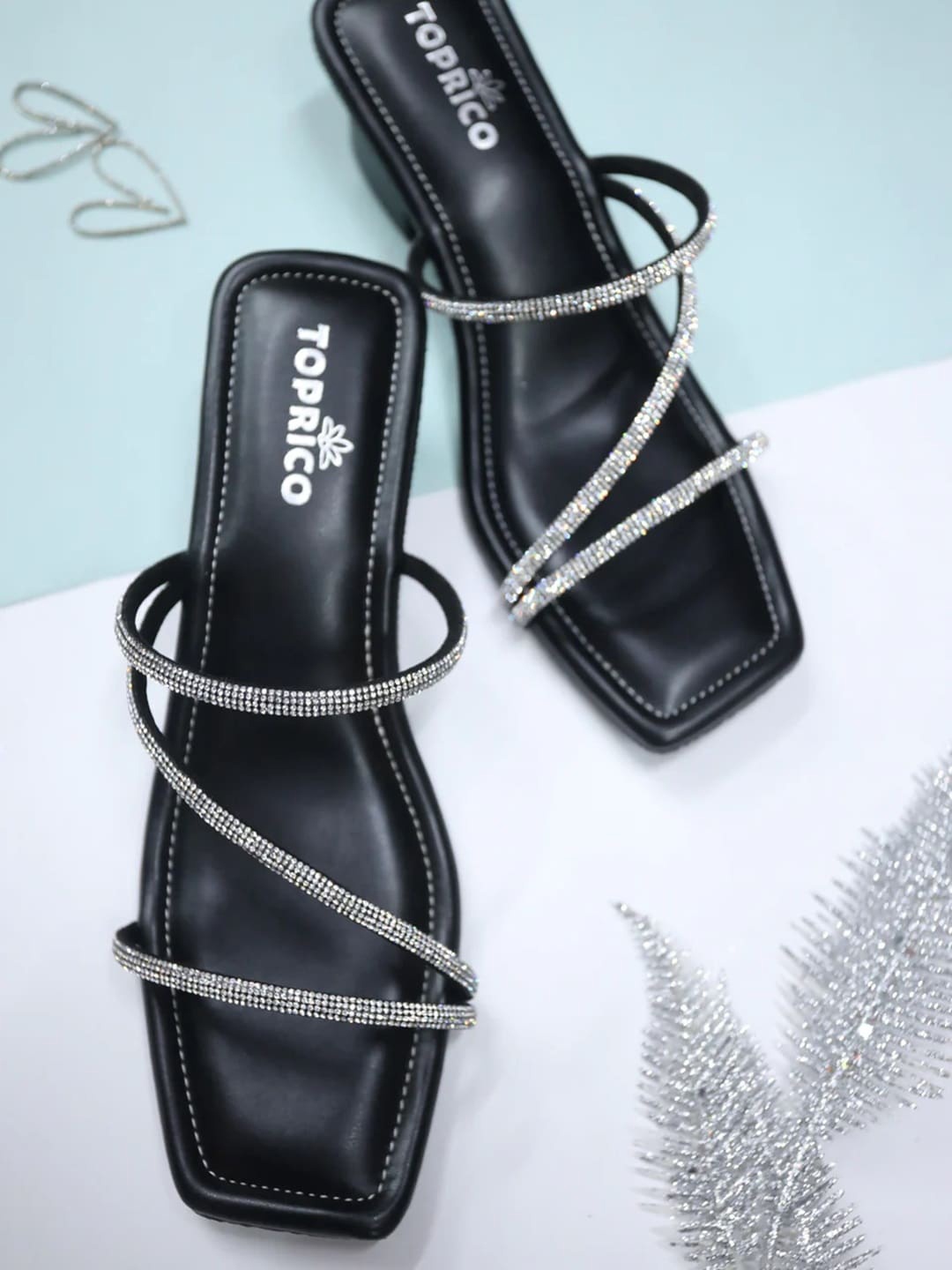 

TOPRICO Embellished Three Strap Party Block Heels, Black