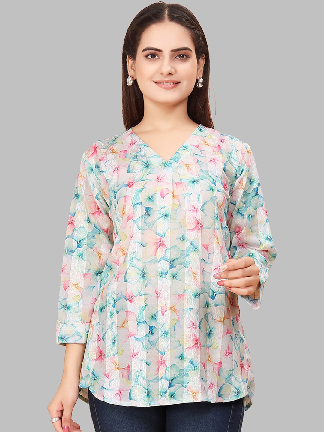 

N N ENTERPRISE Floral Printed V-Neck Pure Cotton Top, Off white