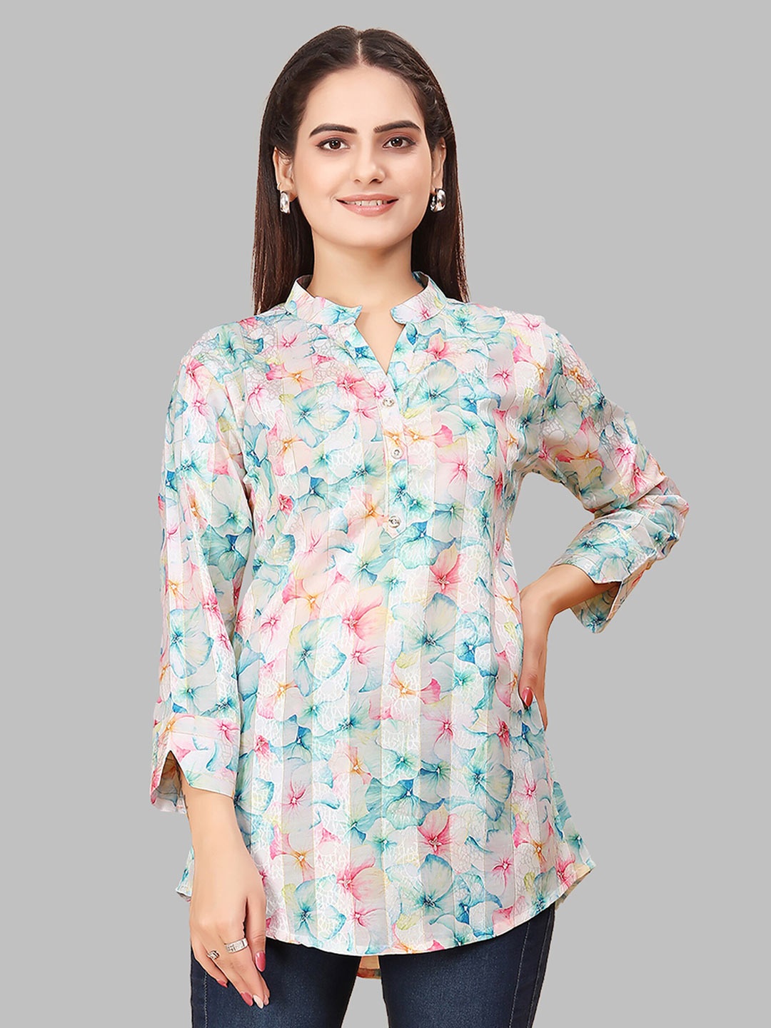 

N N ENTERPRISE Floral Printed Mandarin Collar Pure Cotton Shirt Style Top, White