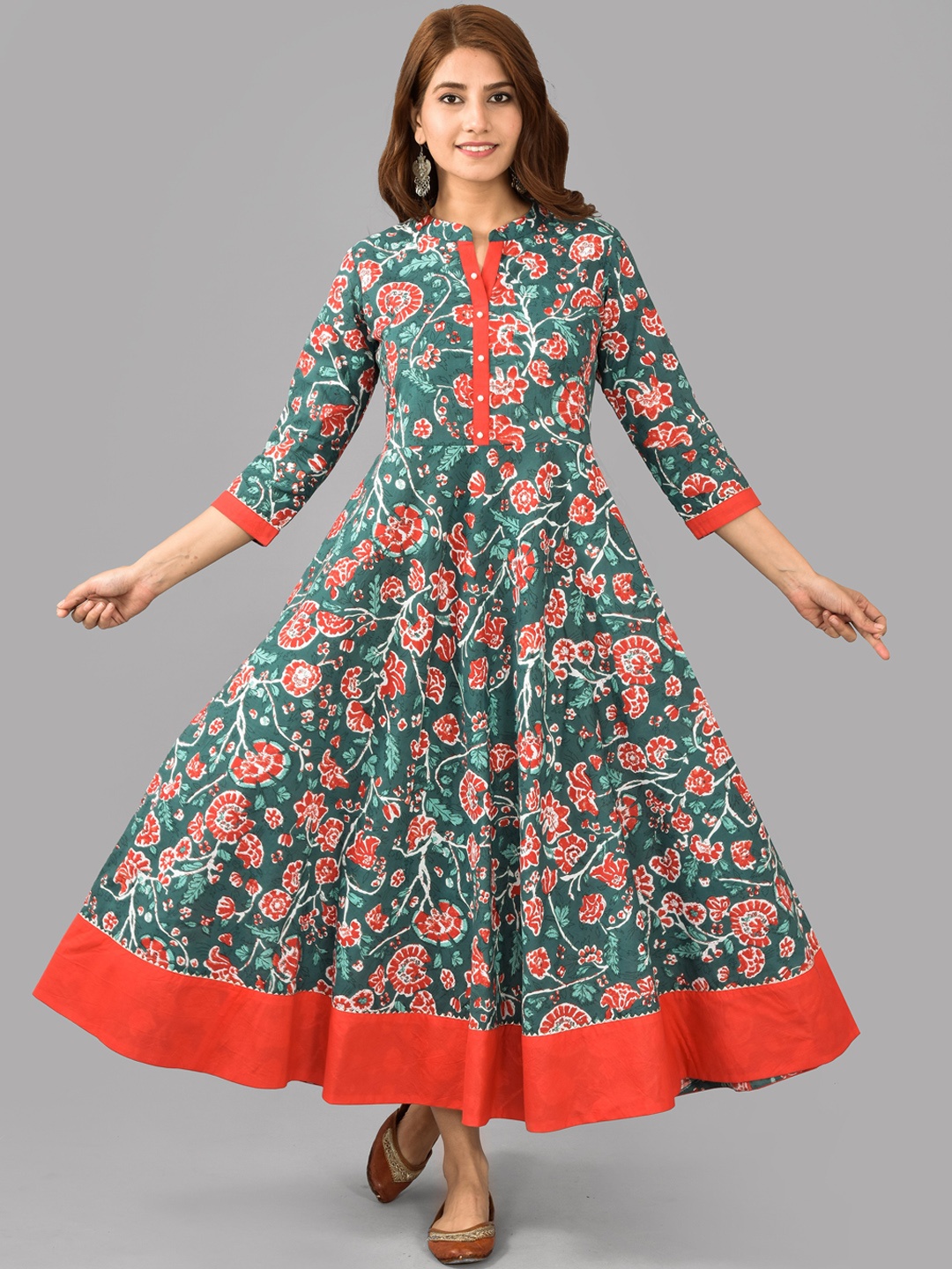 

KALINI Floral Printed Mandarin Collar Gathered Cotton Fit & Flare Maxi Ethnic Dress, Green