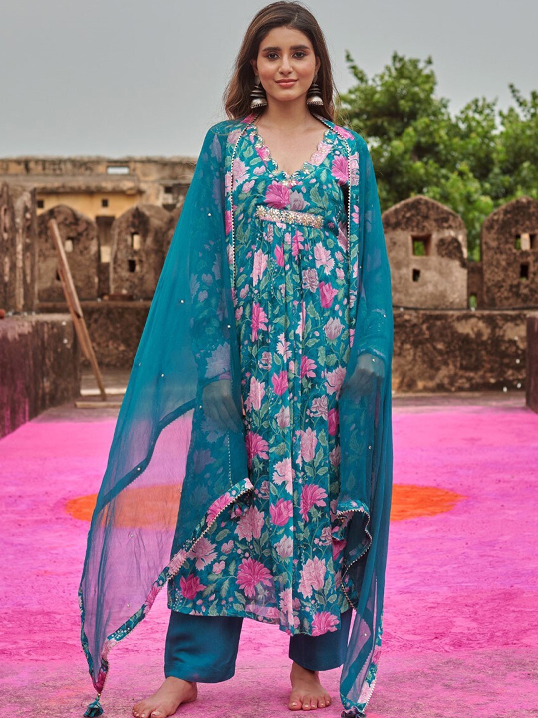 

KARAJ JAIPUR Floral Printed V-Neck Pleated Kurta With Trousers & Dupatta, Teal