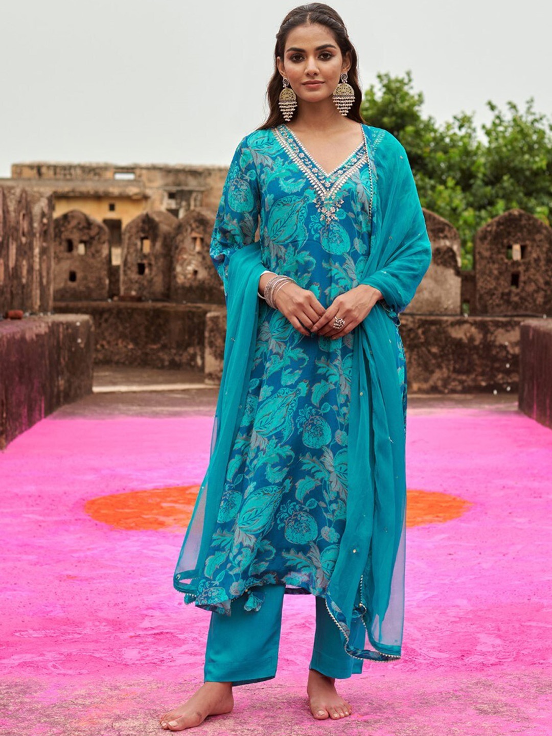 

KARAJ JAIPUR Floral Printed V-Neck Thread Work A-line Kurta With Trouser & Dupatta, Blue