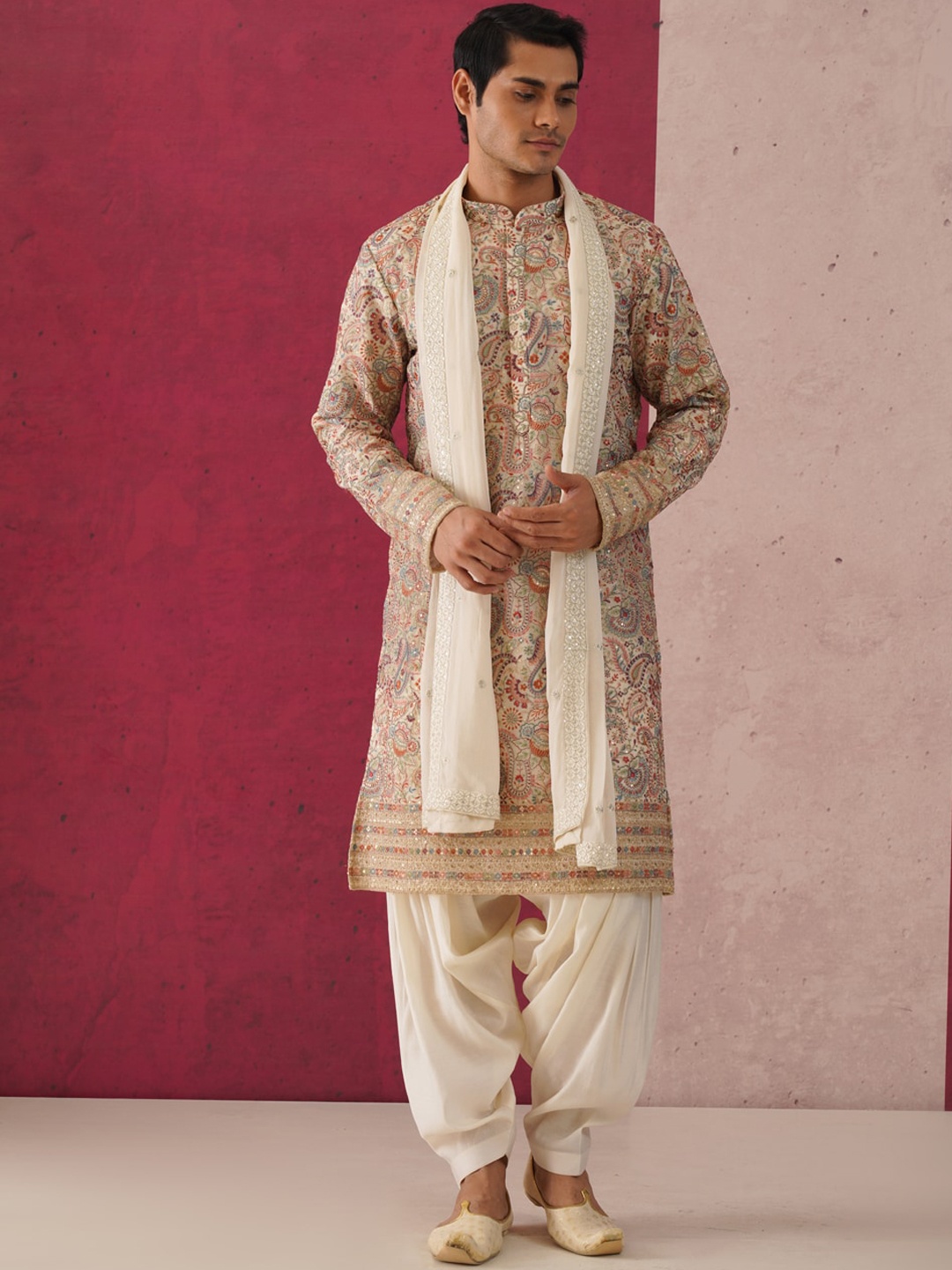 

KALPRAAG Ethnic Motif Embroidered Regular Sequinned Georgette Kurta with Patiala & Dupatta, Beige