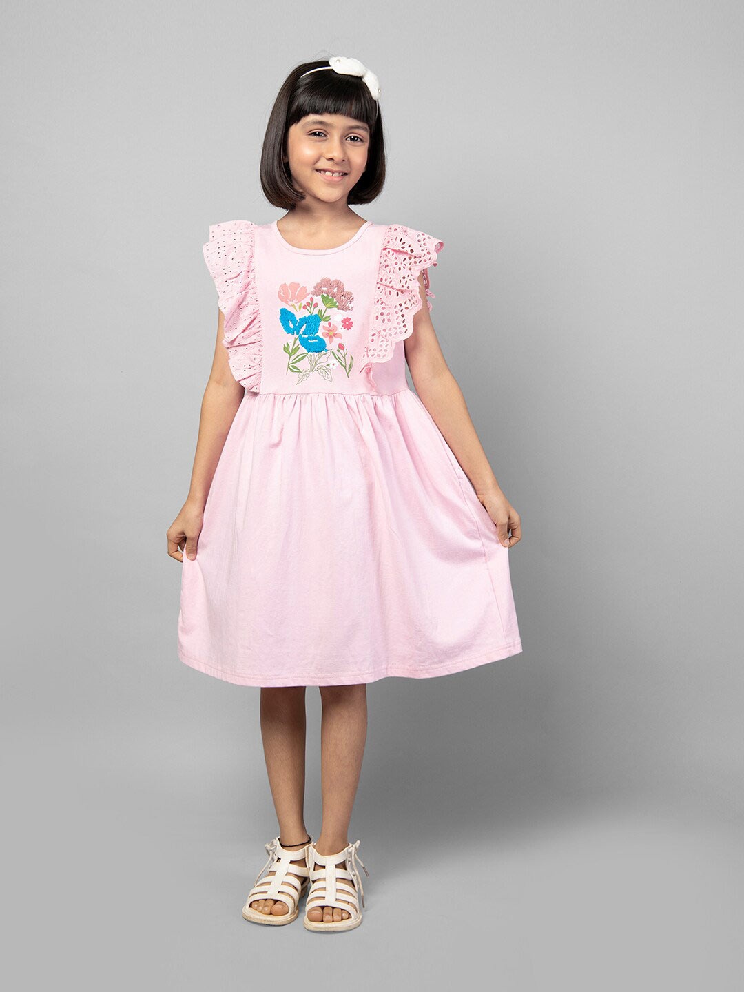 

ZIP ZAP ZOOP Girls Flutter Sleeve Embroidered Pure Cotton Fit & Flare Dress, Pink