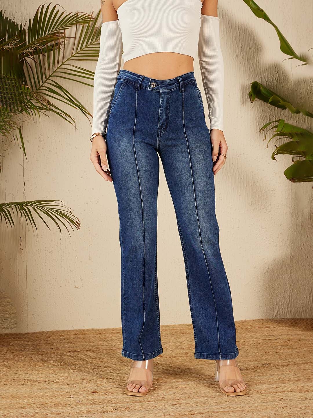 

STREET 9 Women Blue Wide Leg Clean Look High-Rise Pure Cotton Jeans