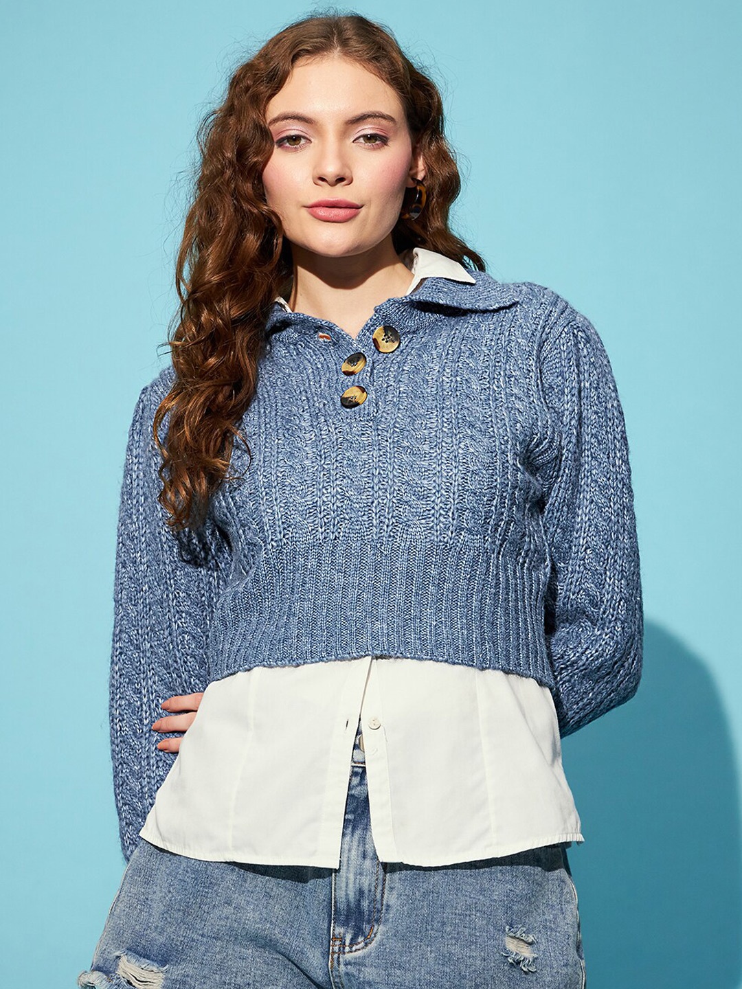 

STREET 9 Blue Ribbed Cable knit Shirt Collar Acrylic Crop Pullover Sweater