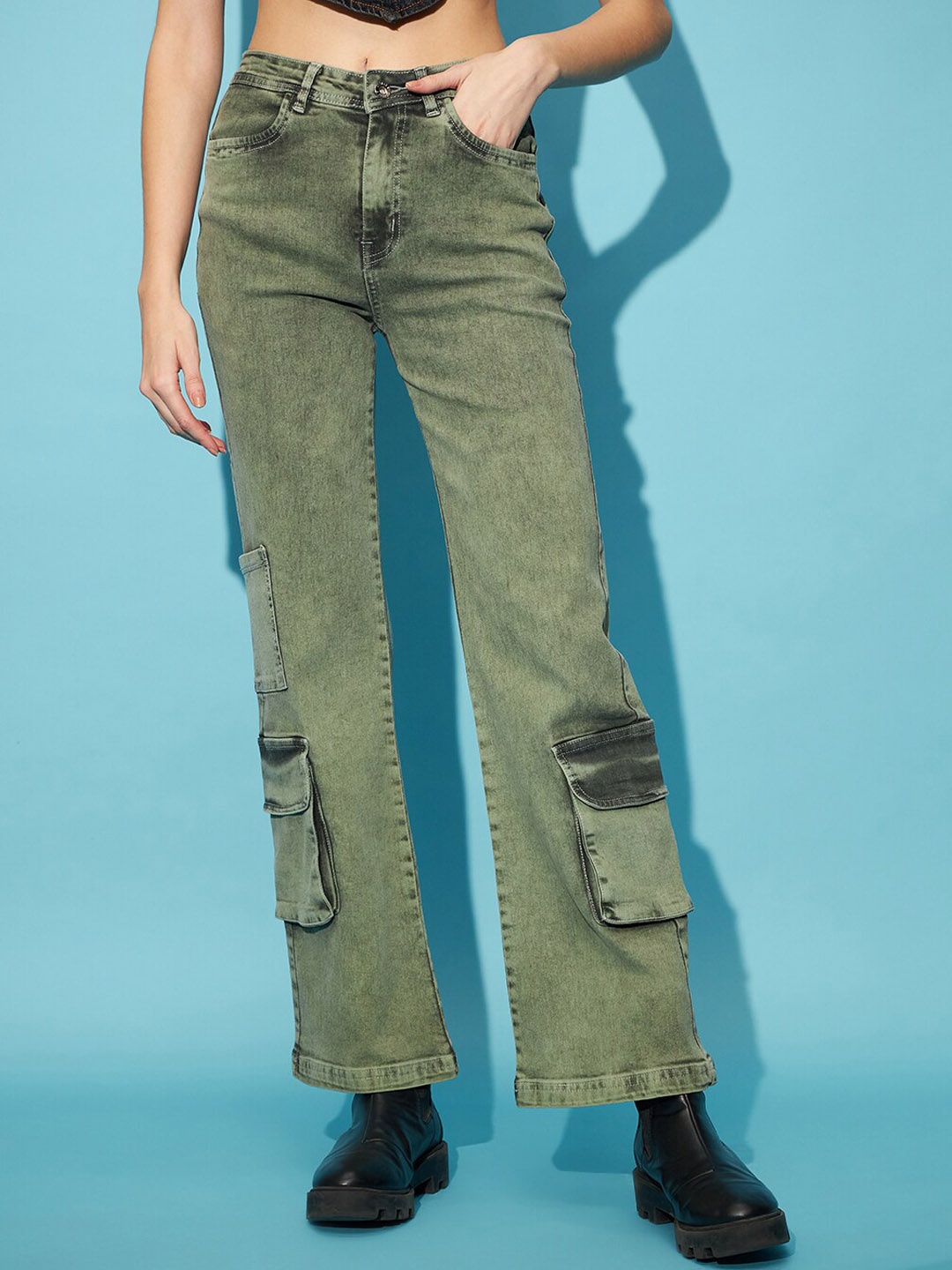 

STREET 9 Women Green Heavy Fade Clean Look High-Rise Pure Cotton Wide Leg Cargos
