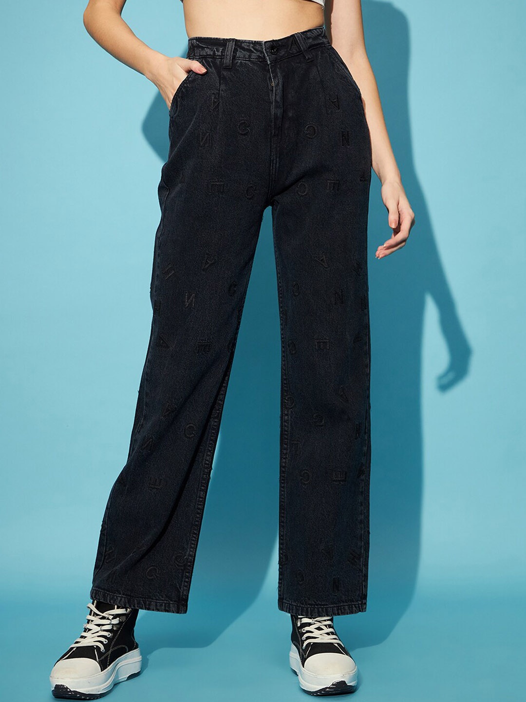 

STREET 9 Women Black Straight Fit Embroidered Clean Look High-Rise Pure Cotton Jeans