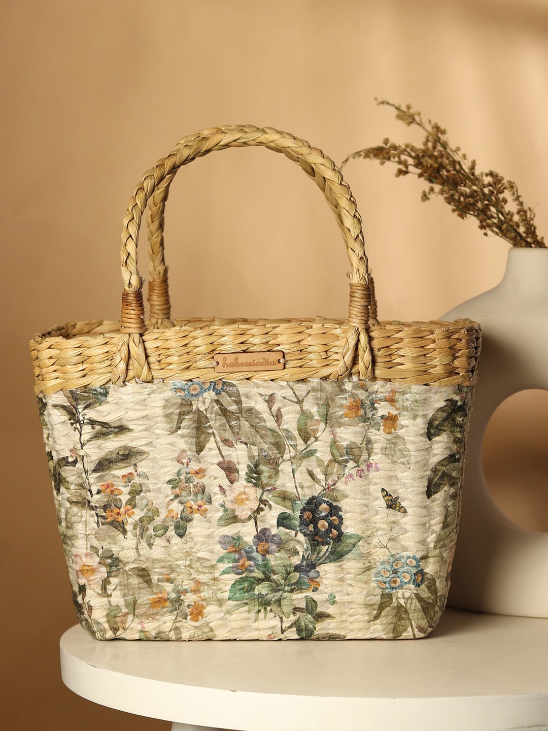 

HABERE INDIA Floral Printed Jute Shopper Tote Bag, White