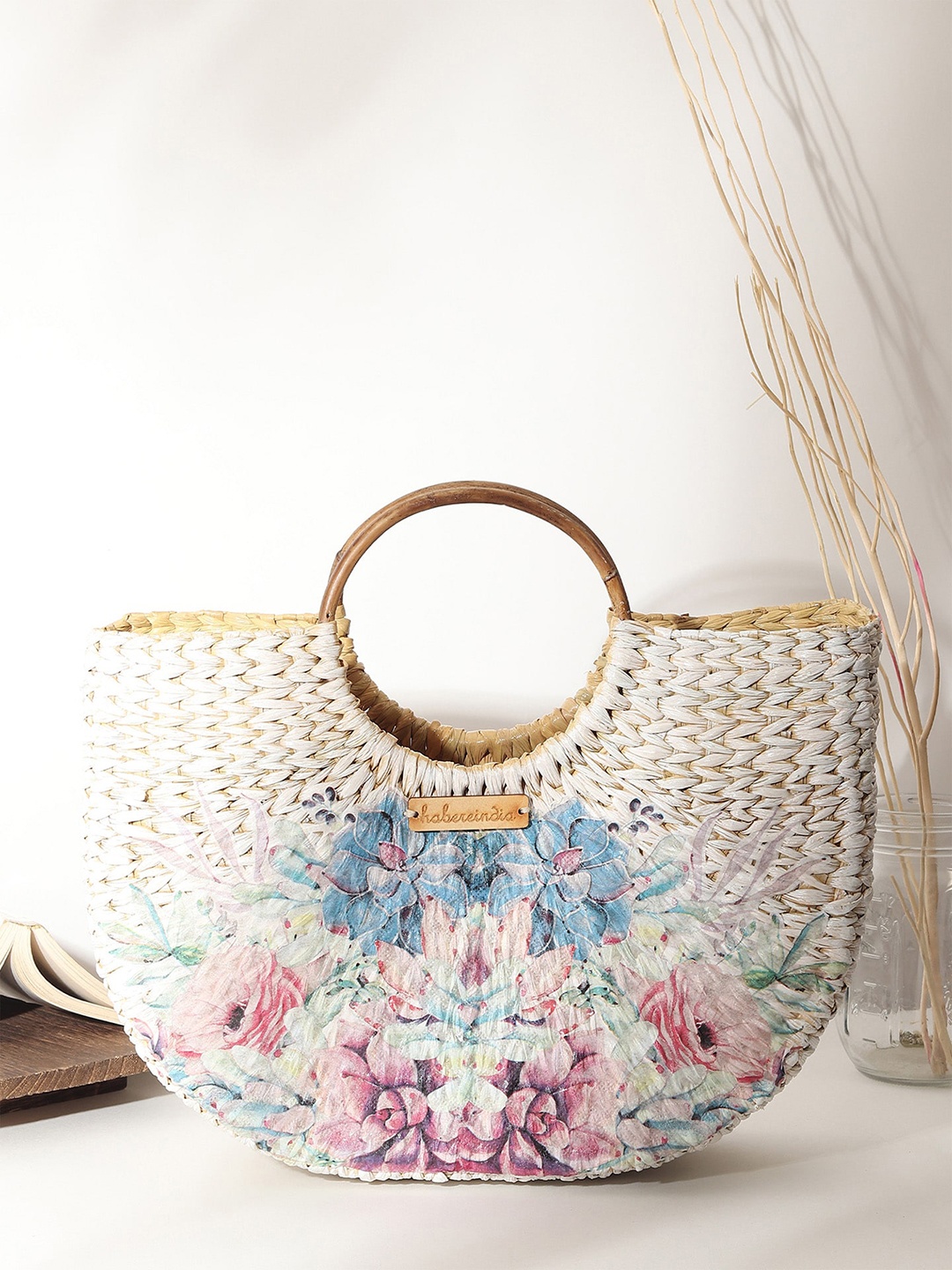

HABERE INDIA Floral Self Design Half Moon Jute Handheld Bag, White