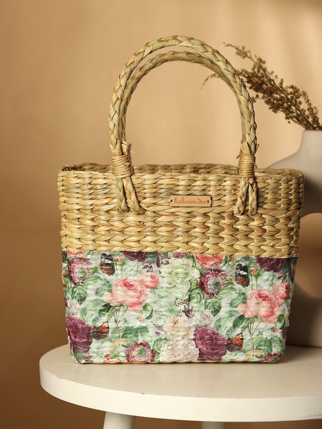 

HABERE INDIA Textured Self Design Jute Handheld Bag, Beige