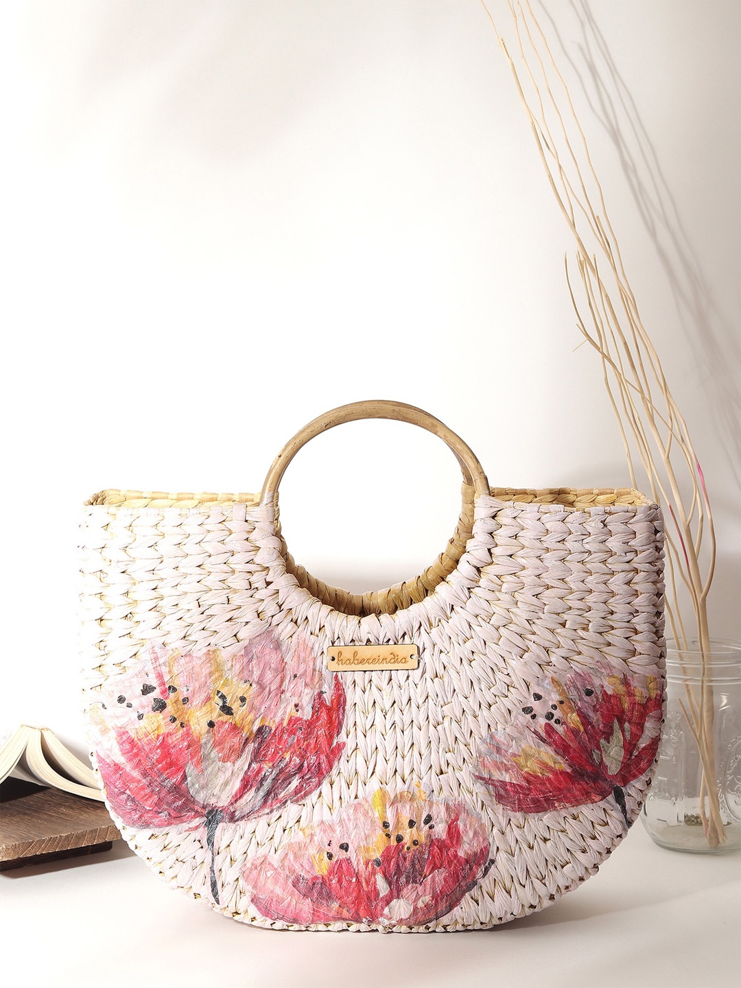 

HABERE INDIA Floral Printed Half Moon Handheld Beach Bag, Pink