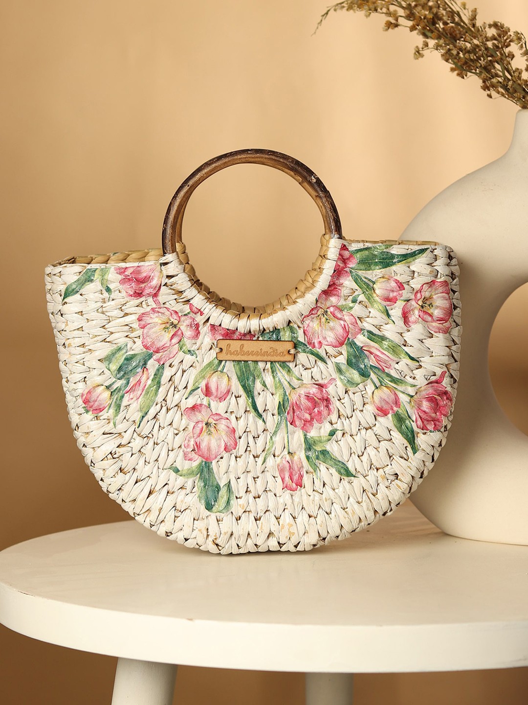 

HABERE INDIA Tulip Printed Half Moon Jute Handheld Bag, White