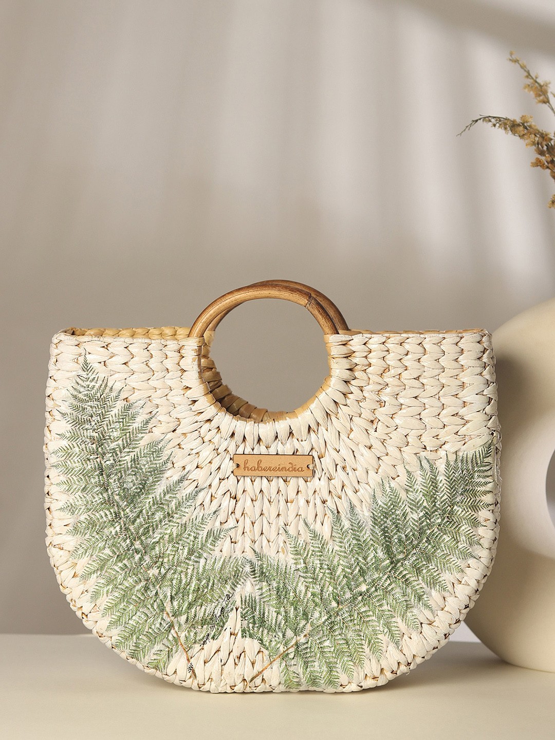 

HABERE INDIA White Floral Half Moon Handheld Beach Bag