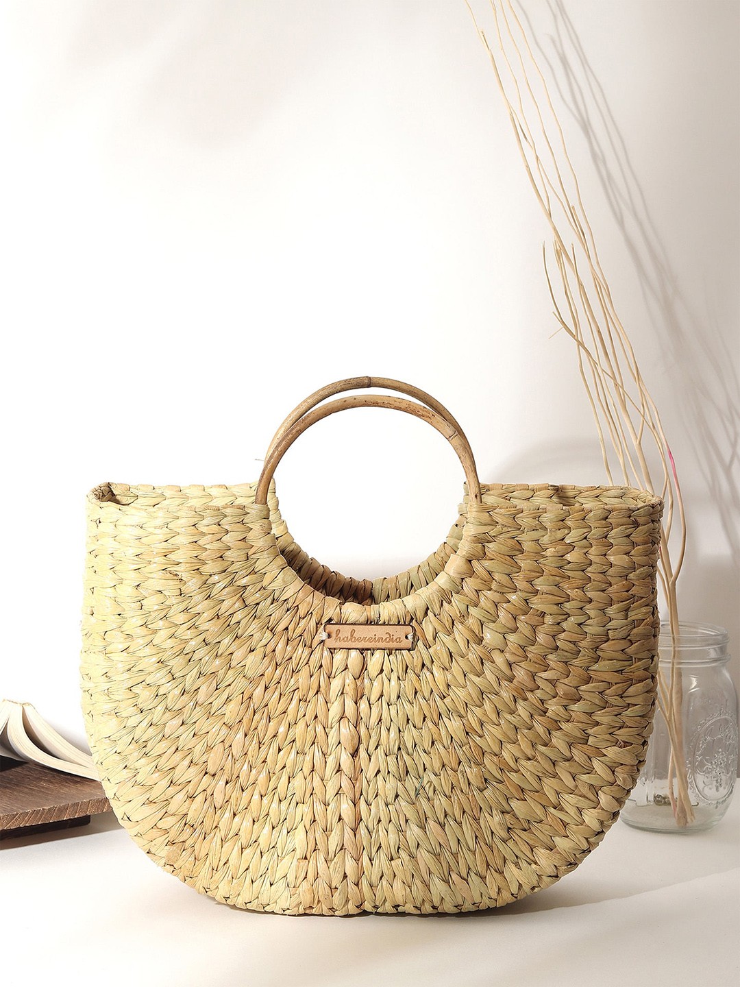 

HABERE INDIA Textured Structured Half Moon Jute Handheld Bag, Beige