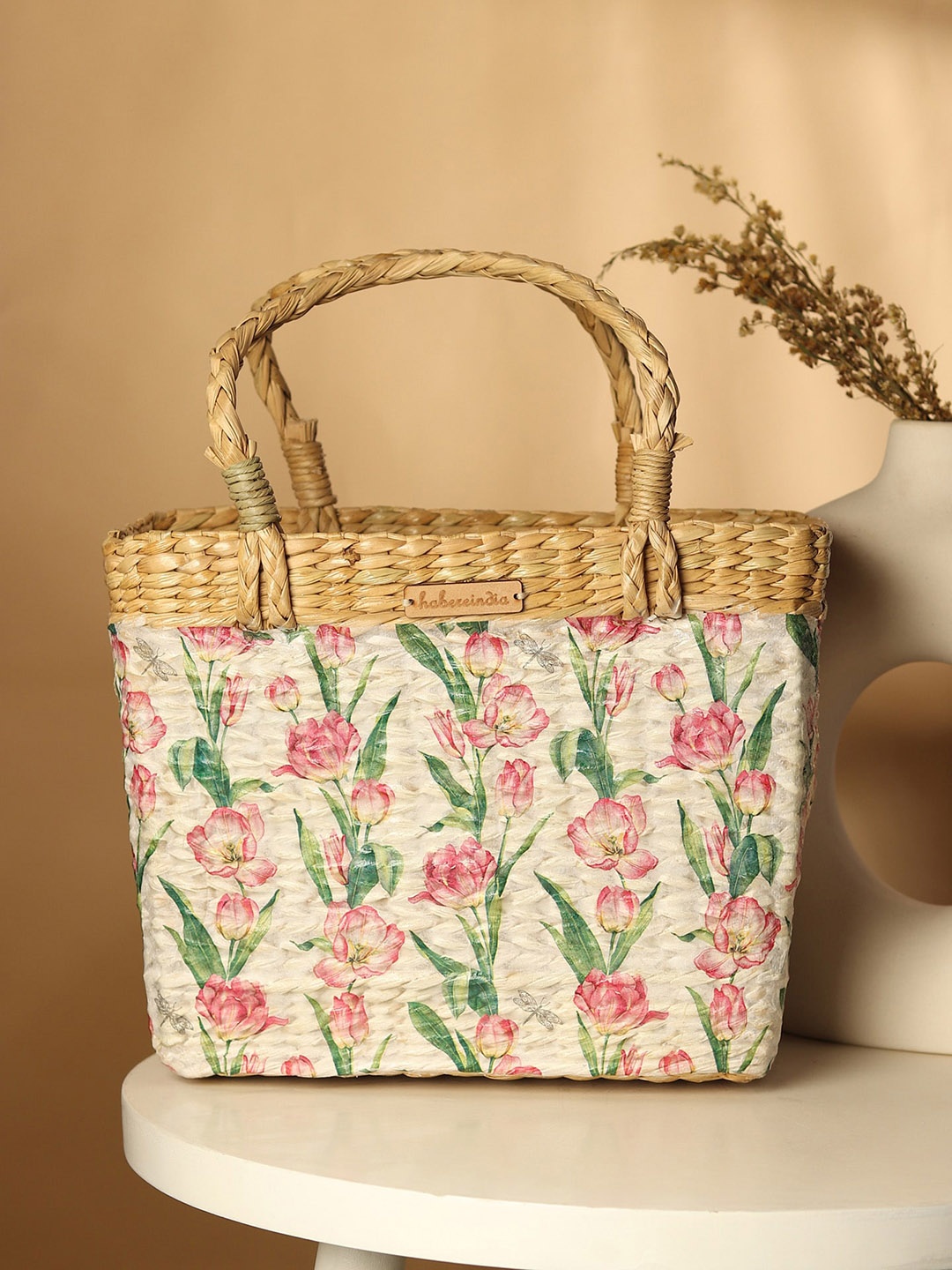 

HABERE INDIA Tulips Printed Shopper Jute Handheld Bag, White