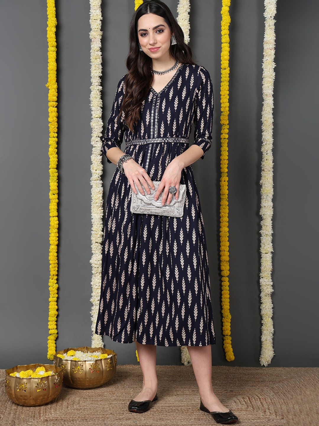 

AHIKA Ethnic Motifs Printed Fit & Flare Midi Ethnic Dress, Navy blue