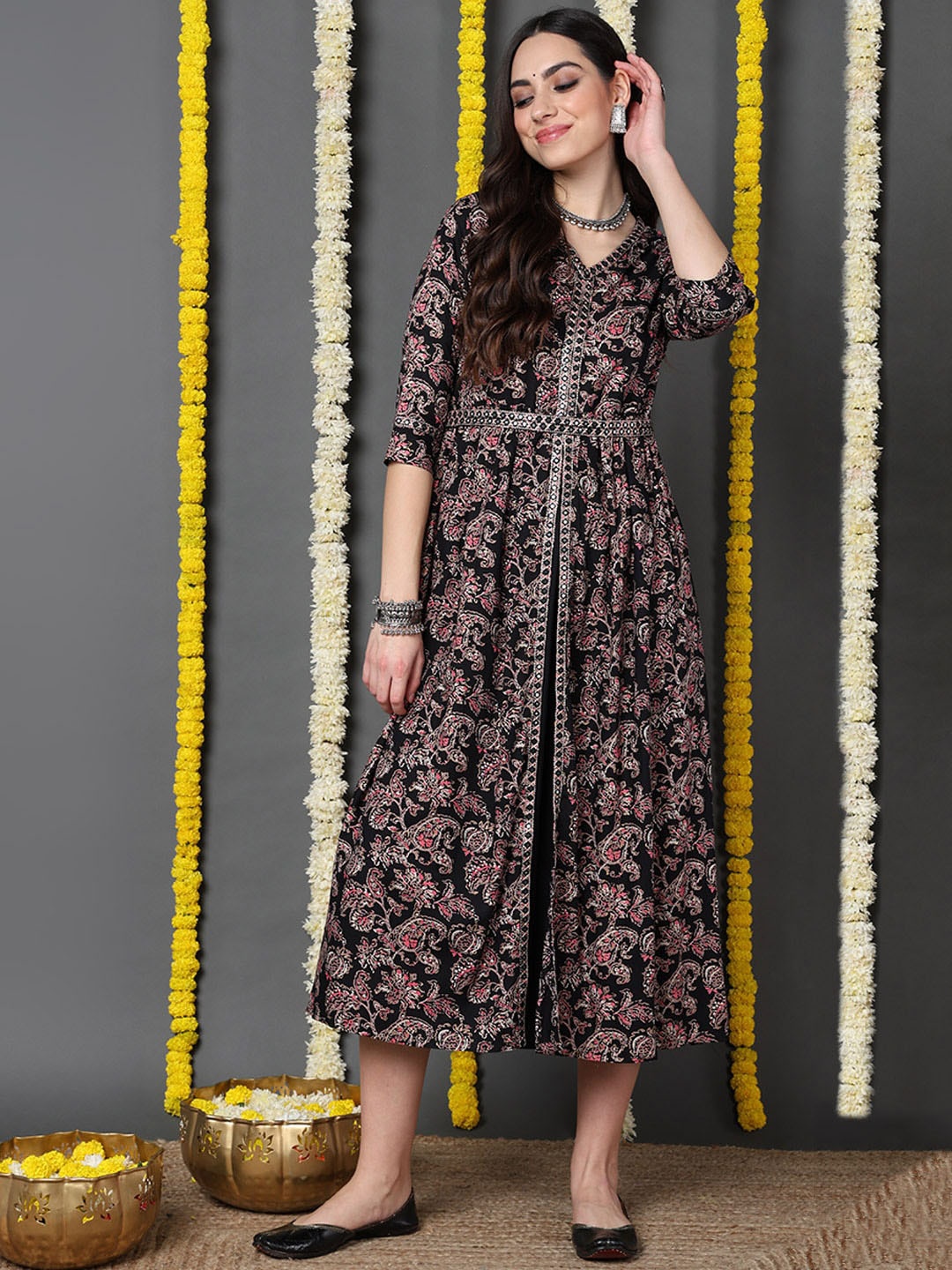 

AHIKA Ethnic Motifs Printed V-Neck Embroidered Fit & Flare Ethnic Dress, Black