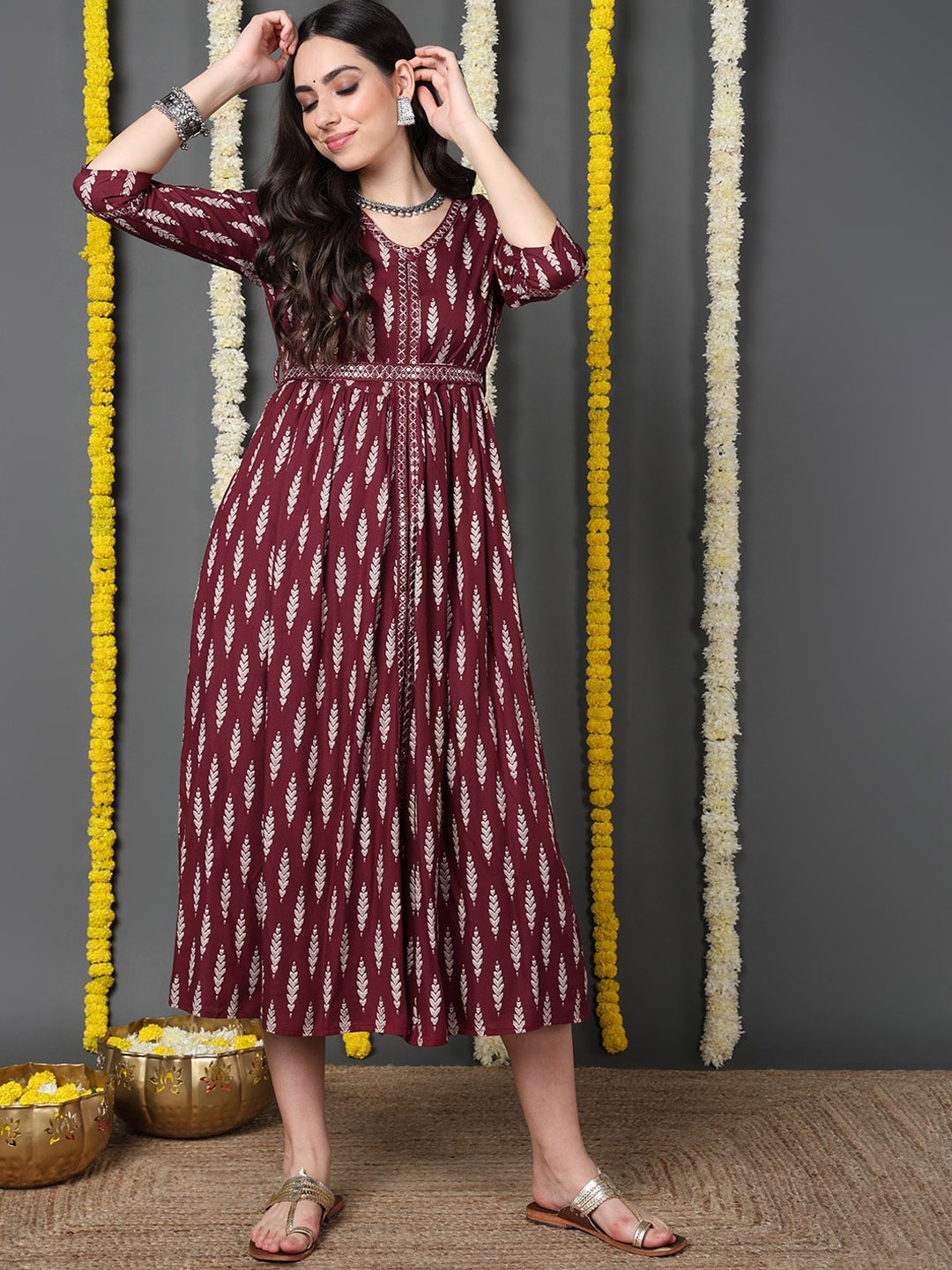 

AHIKA Ethnic Motifs Printed V-Neck Fit & Flare Midi Ethnic Dress, Maroon