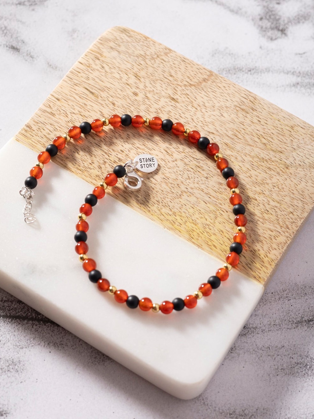 

Stone Story By Shruti Sterling Silver Onyx Stones Beaded Anklet