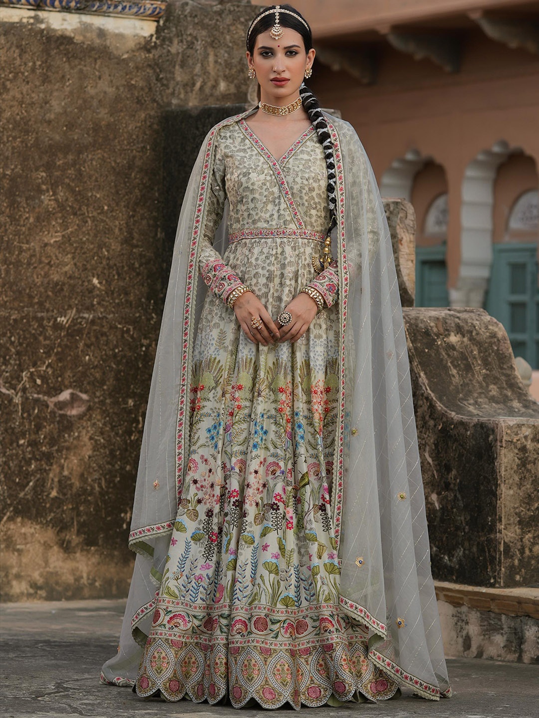 

SCAKHI Floral Printed Embellished Gathered Silk Anarkali Ethnic Dress With Dupatta, Olive