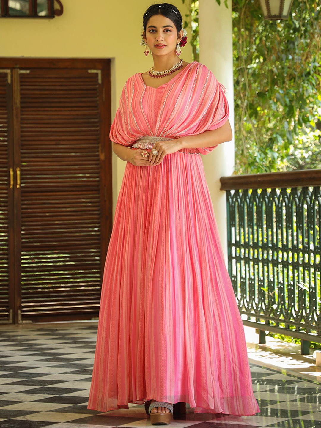 

SCAKHI Candy Striped Cape Sleeves Gathered Silk Gown Ethnic Dress With Belt, Pink