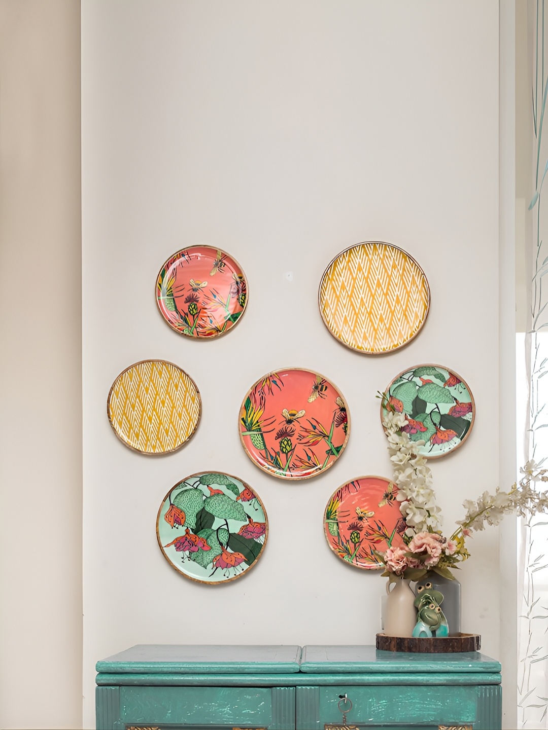 

Manor House Green Red 3 Pieces Floral Wood Wall Plates Decors