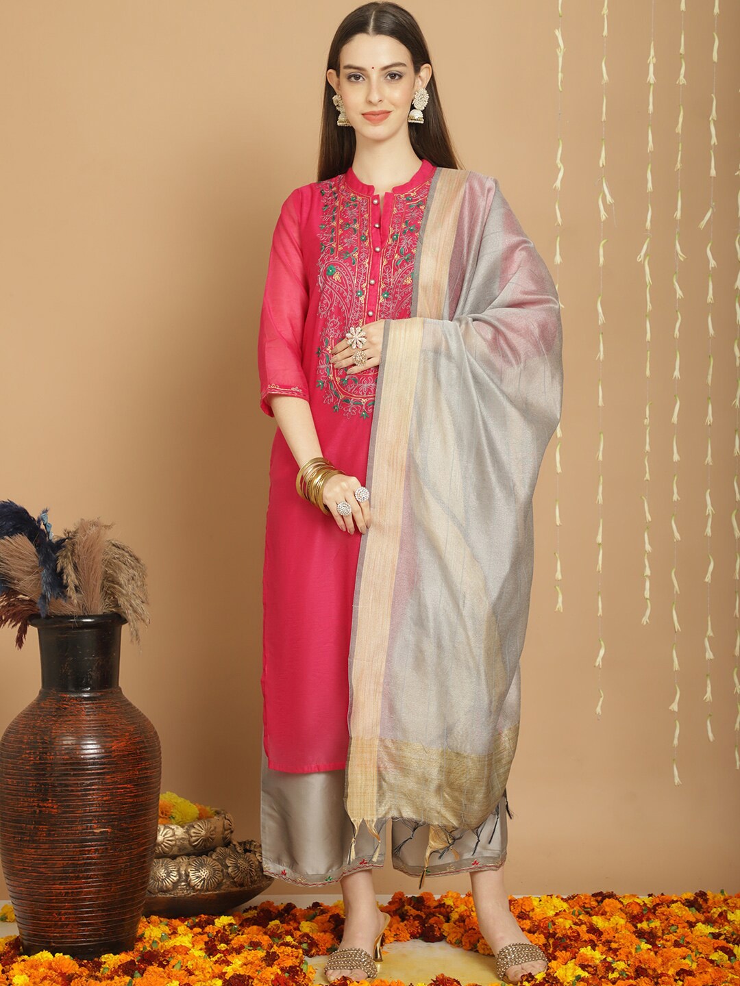 

Tulsattva Ethnic Motifs Yoke Design Thread Work Kurta With Palazzos & Dupatta, Fuchsia