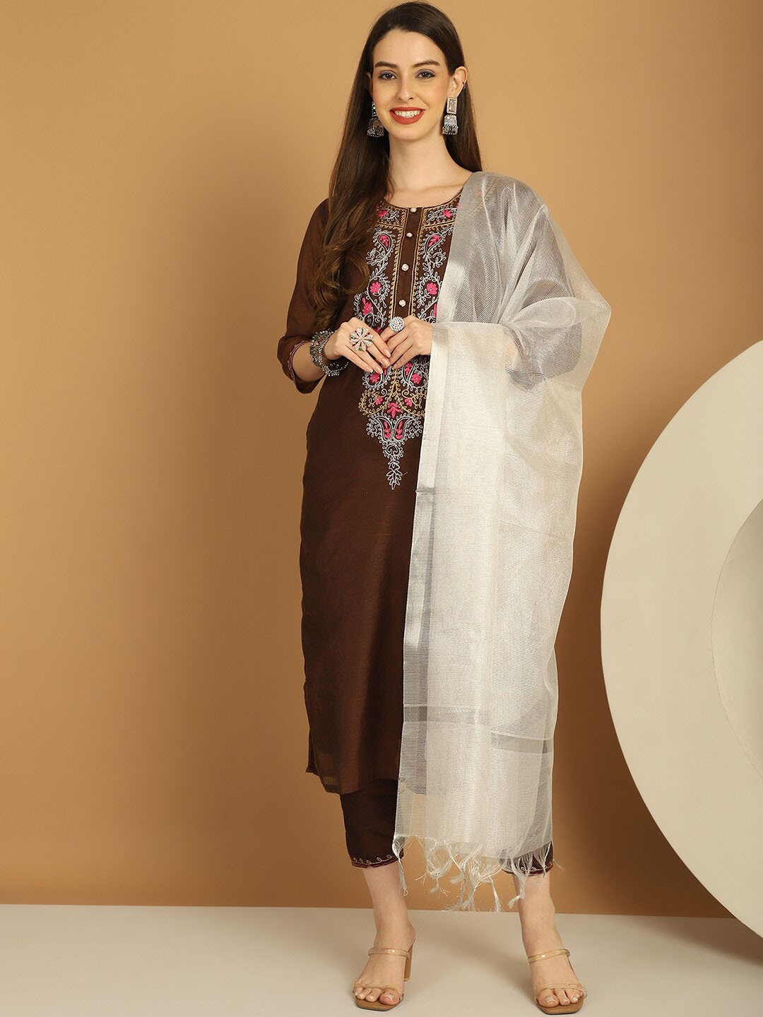 

Tulsattva Floral Embroidered Straight Kurta & Trousers With Dupatta, Brown