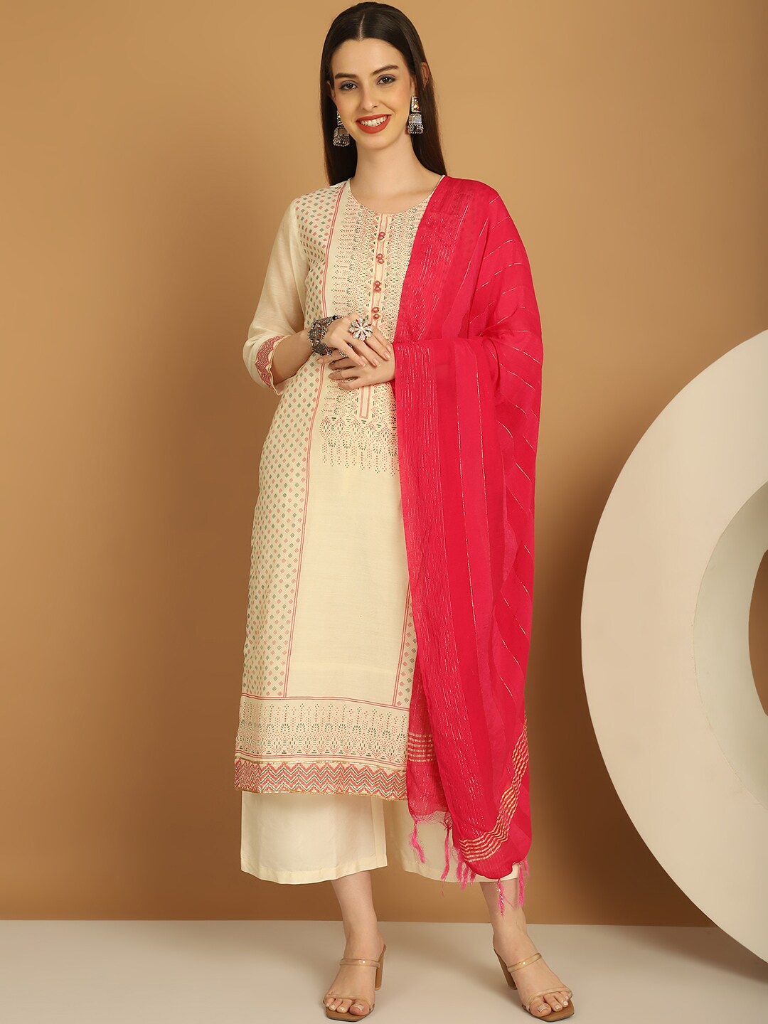 

Tulsattva Ethnic Motifs Printed Dupion Silk Kurta With Palazzos & Dupatta, Cream