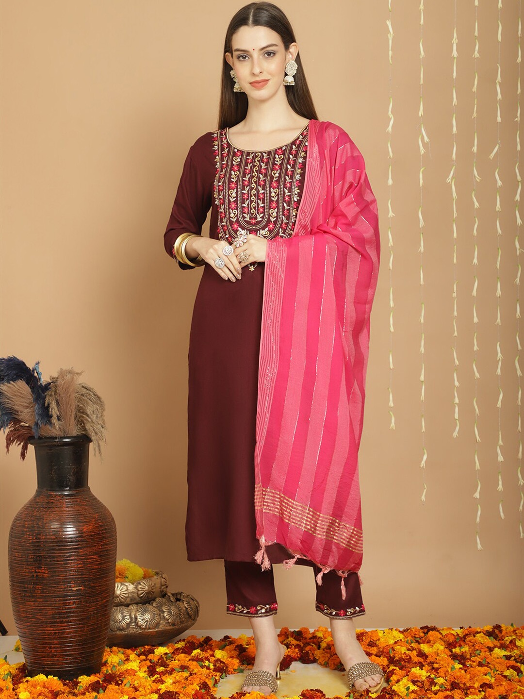 

Tulsattva Yoke Design Thread Work Straight Kurta With Trousers & Dupatta, Burgundy