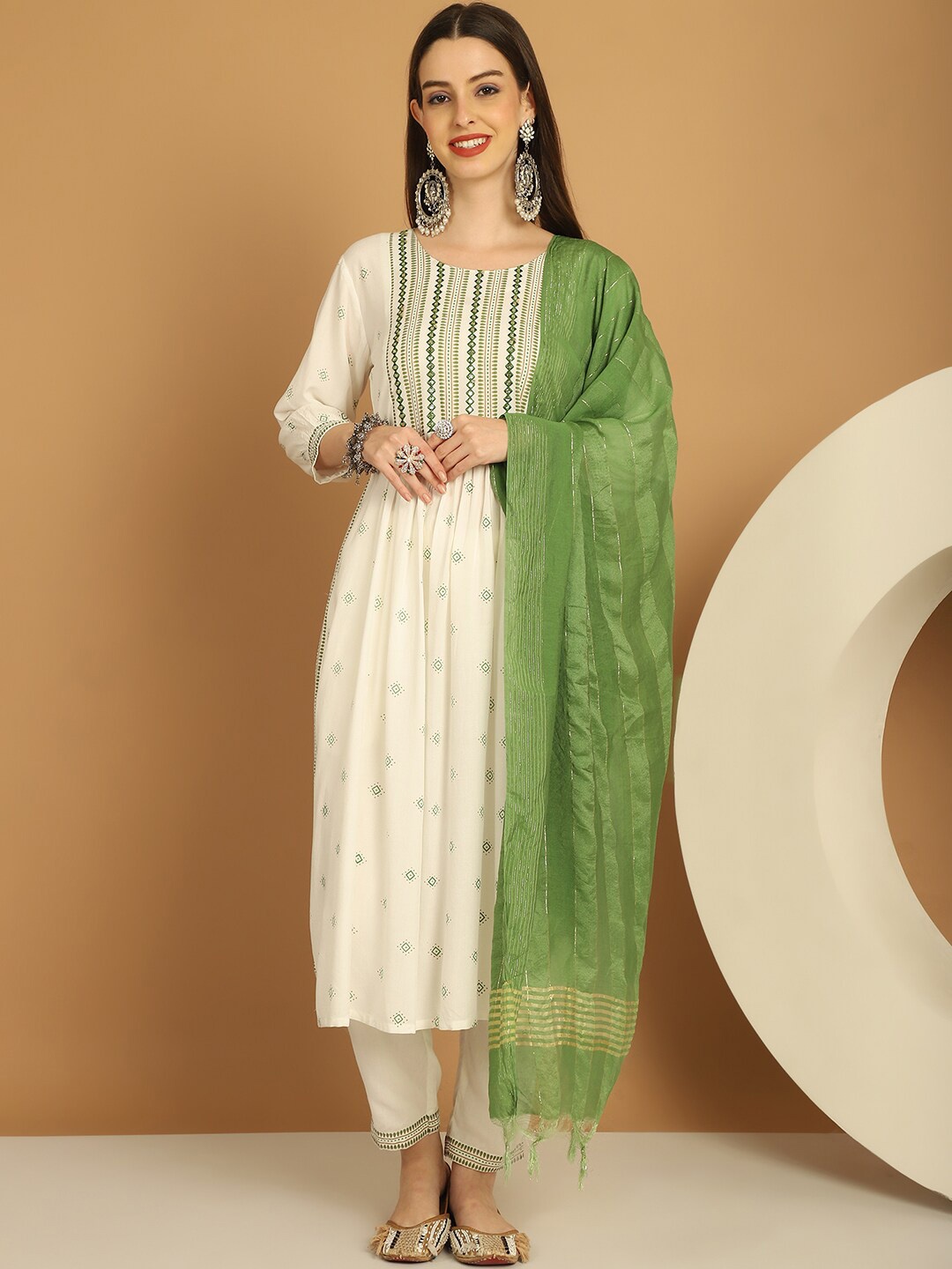 

Tulsattva Ethnic Motifs Printed Mirror Work Kurta With Trousers & Dupatta, White