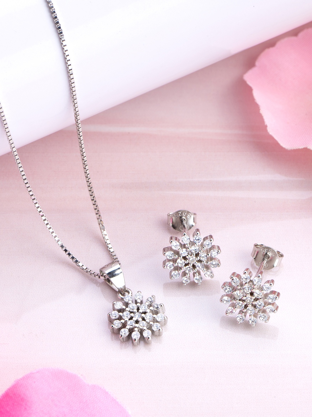 

Zavya Women Rhodium-Plated CZ Studded Sterling Silver Necklace with Earrings
