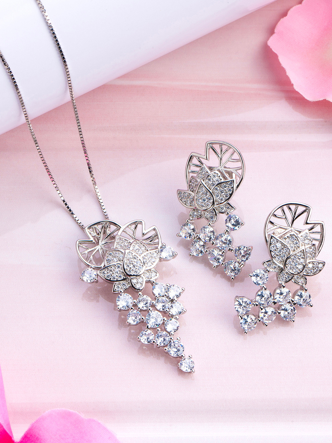 

Zavya Women Rhodium-Plated CZ Studded Sterling Silver Necklace with Earrings