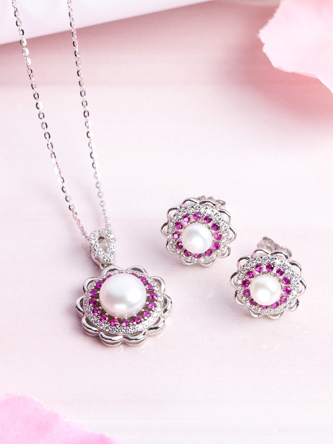 

Zavya 925 Pure Sterling Silver Rhodium-Plated Pearls Jewellery Set