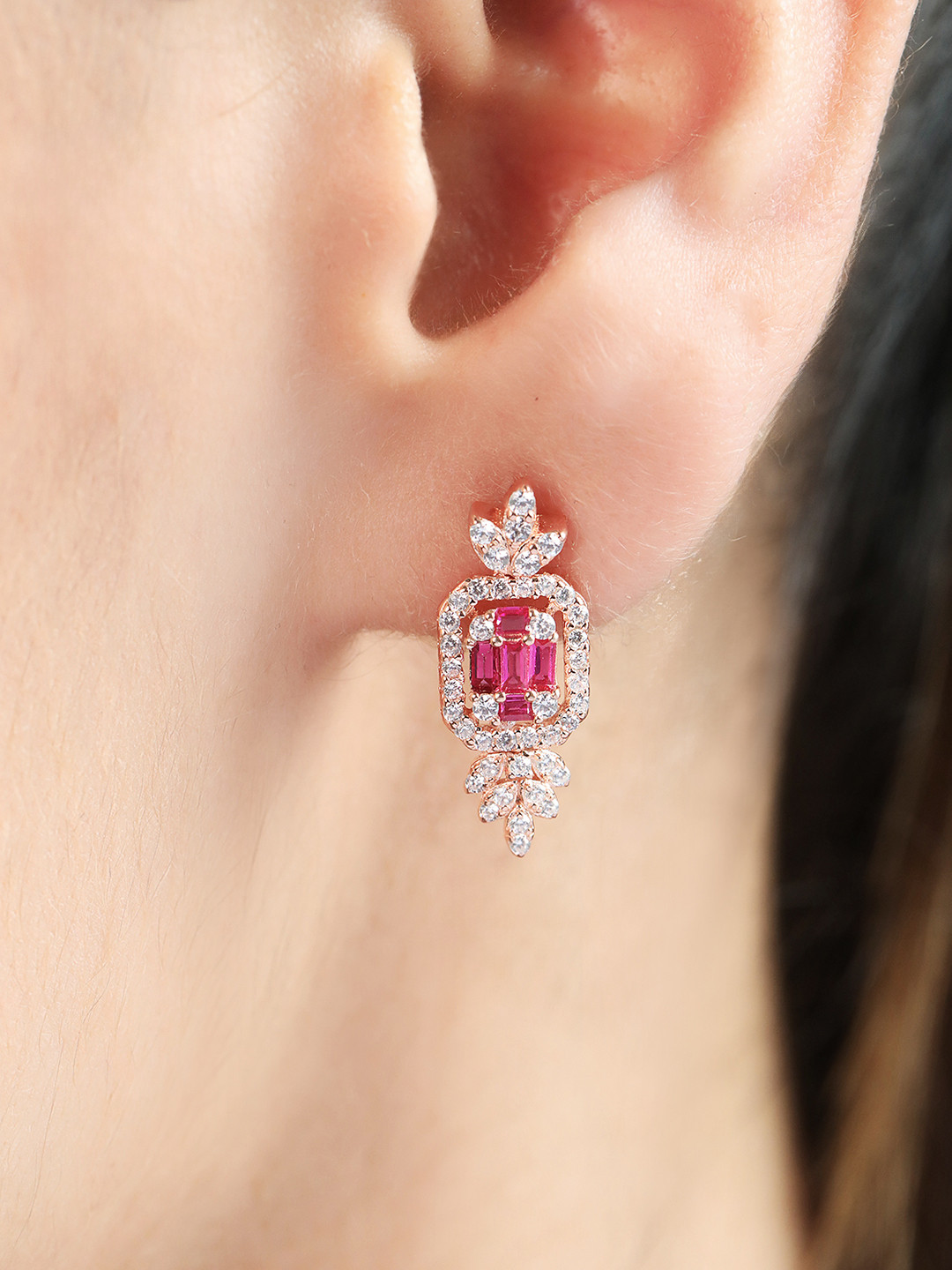 

Zavya Women Rose Gold-Plated Sterling Silver CZ Studded Square Drop Earrings