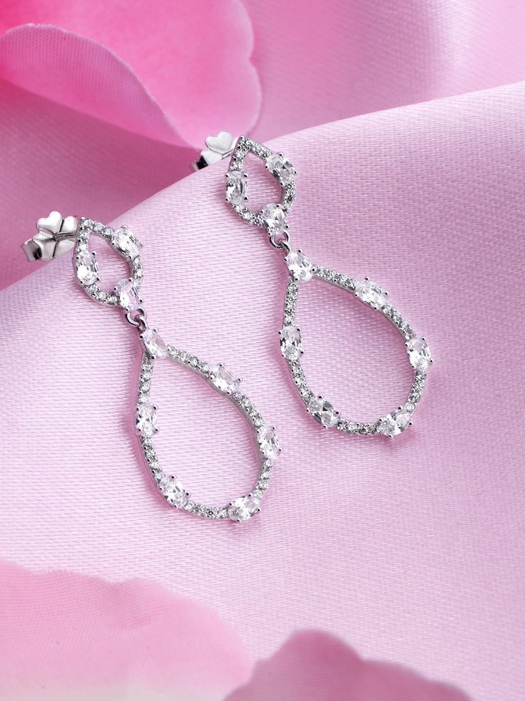 

Zavya Women Rhodium-Plated CZ Studded Sterling Silver Teardrop Shaped Drop Earrings