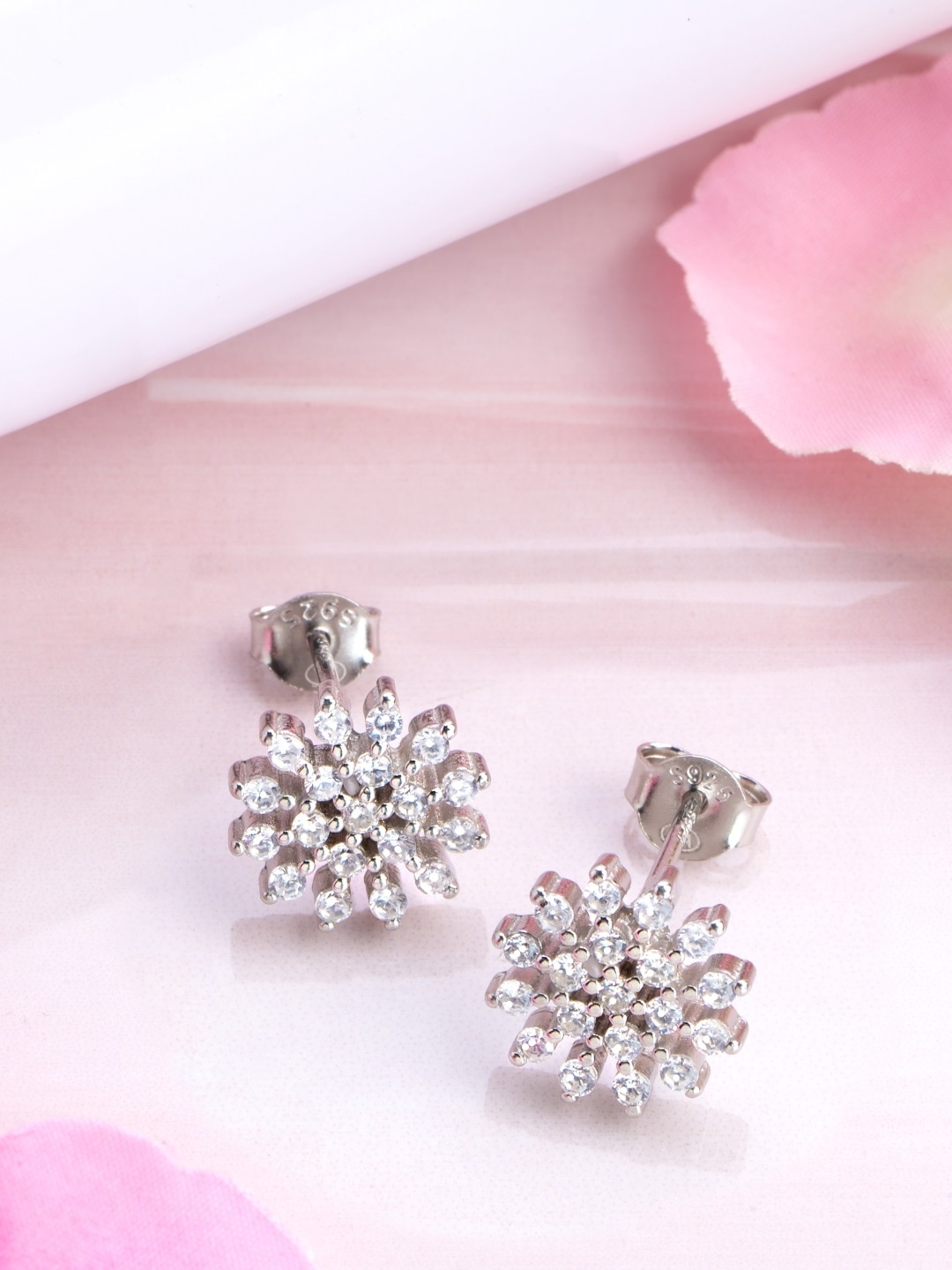 

Zavya Women Rhodium-Plated CZ Studded Sterling Silver Floral Studs Earrings