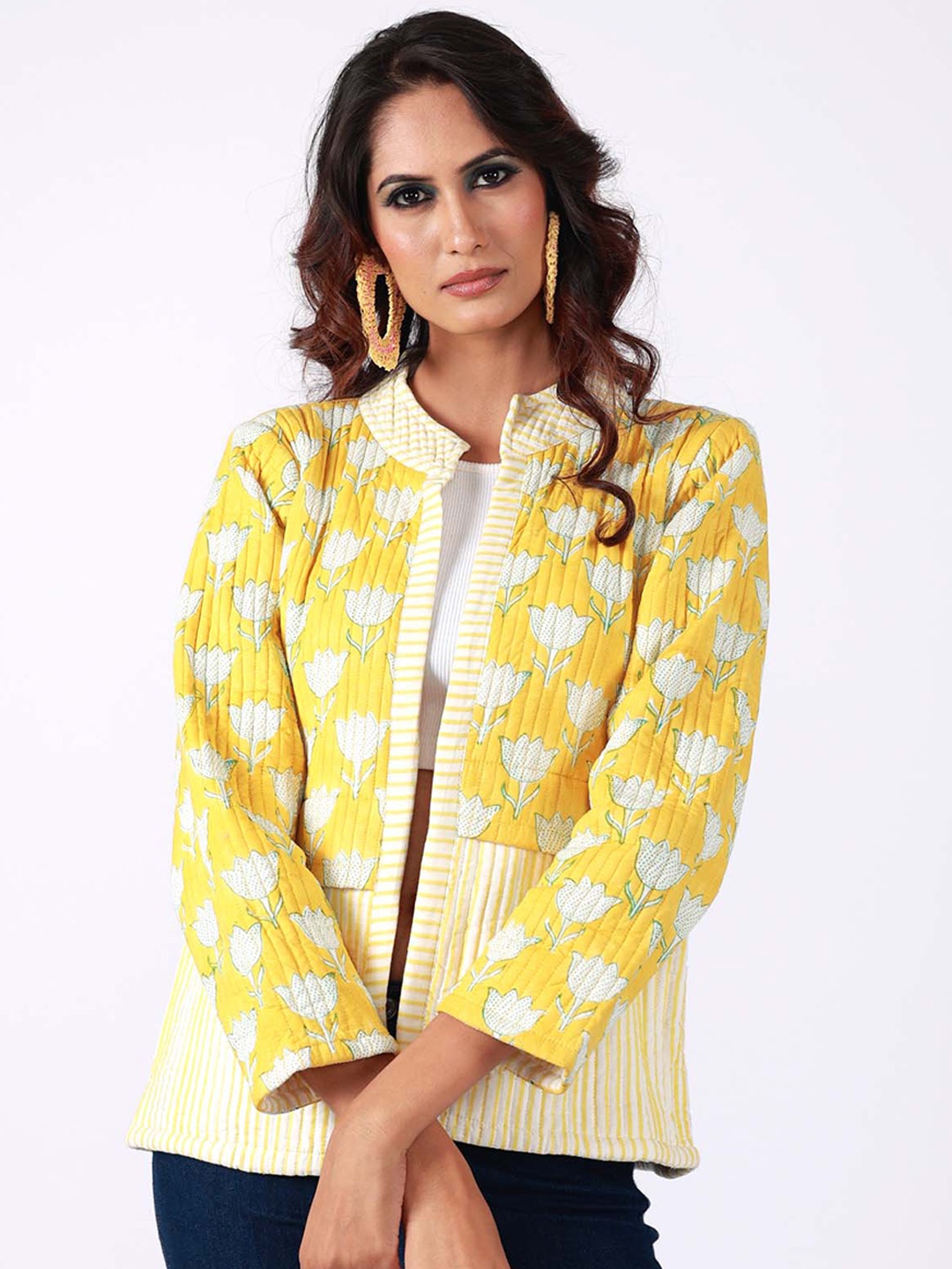 

Zanaash Floral Block Printed Organic Cotton Quilted Jacket, Yellow