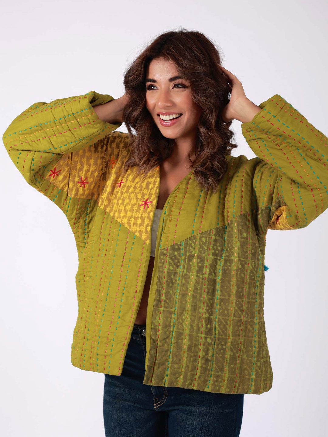 

Zanaash Floral Printed Embroidered Organic Cotton Open Front Shrug, Green
