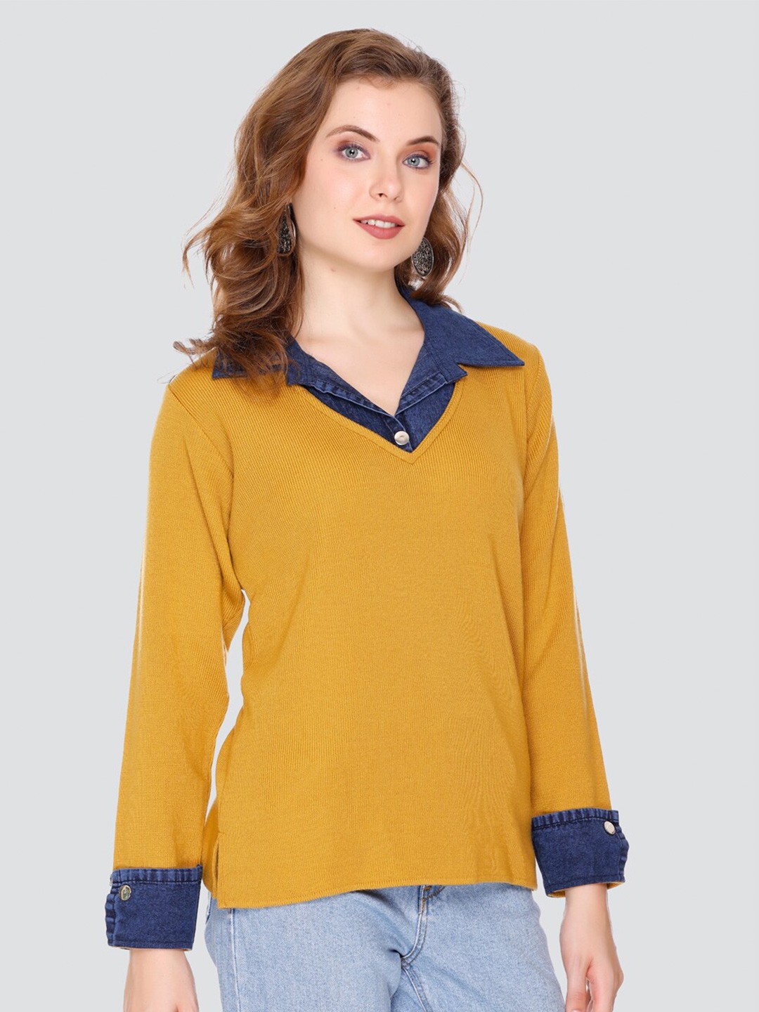 

Elthia Self Design Shirt Collar Cuffed Sleeves Woollen Shirt Style Top, Mustard