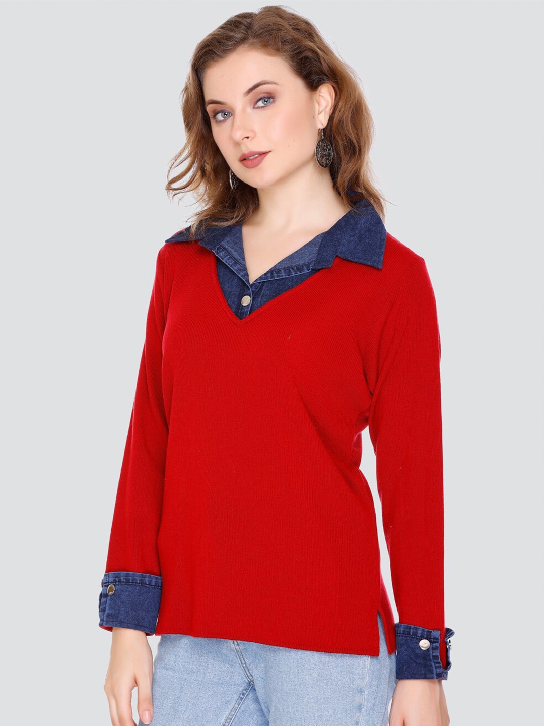 

Elthia Self Design Shirt Collar Cuffed Sleeves Woollen Shirt Style Top, Red