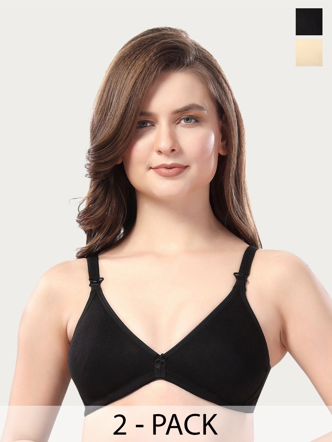 

Fabme Pack Of 2 Medium Coverage Non-Padded Cotton Maternity Bra With All Day Comfort, Black