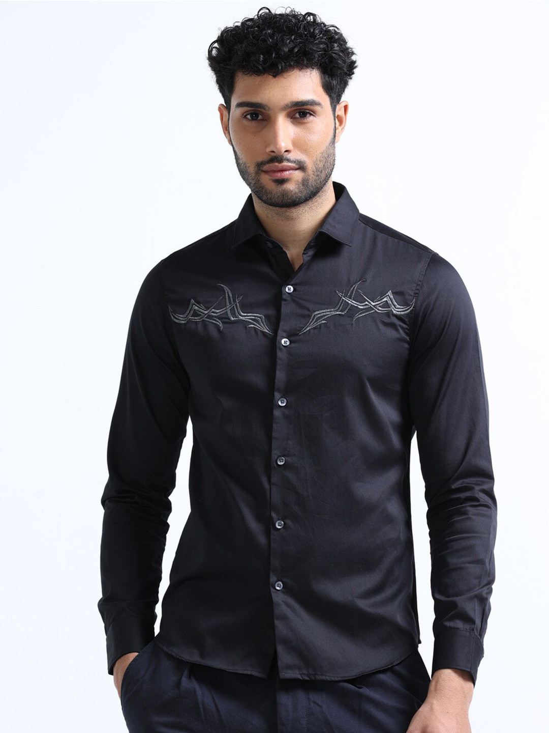 

FLY 69 Embroidered Premium Slim Fit Pure Cotton Casual Shirt, Black