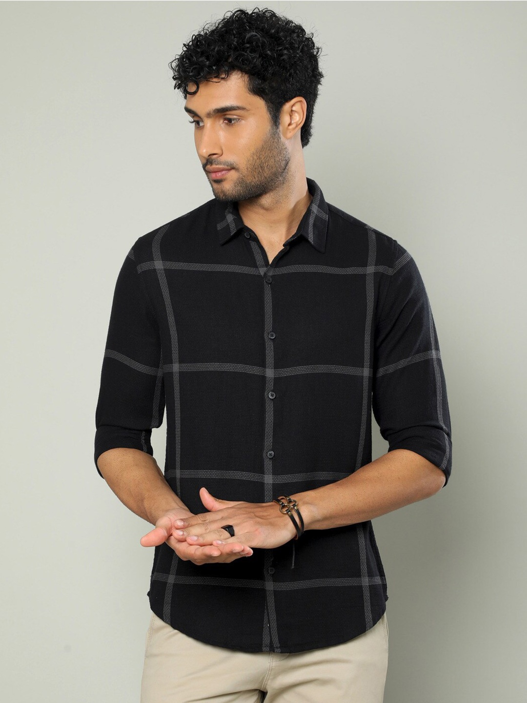 

FLY 69 Windowpane Checked Premium Slim Fit Pure Cotton Casual Shirt, Black