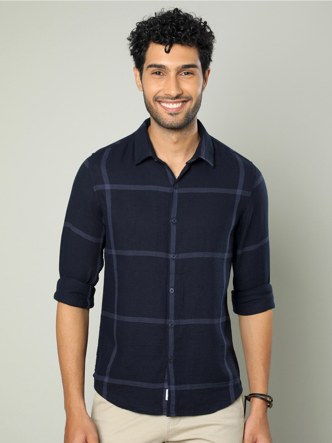 

FLY 69 Premium Slim Fit Windowpane Checks Cotton Casual Shirt, Navy blue