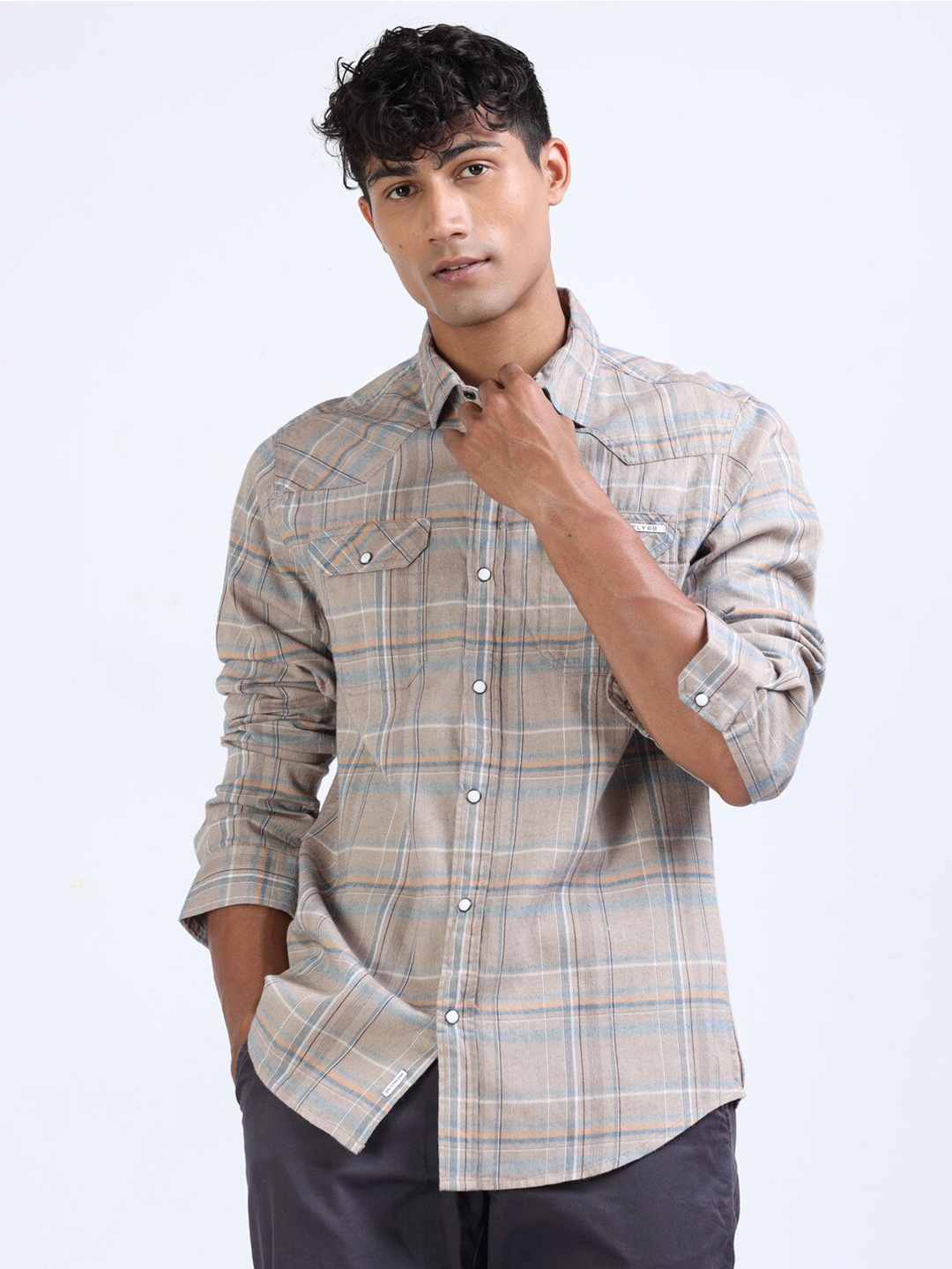 

FLY 69 Premium Slim Fit Tartan Checked Pure Cotton Casual Shirt, Beige